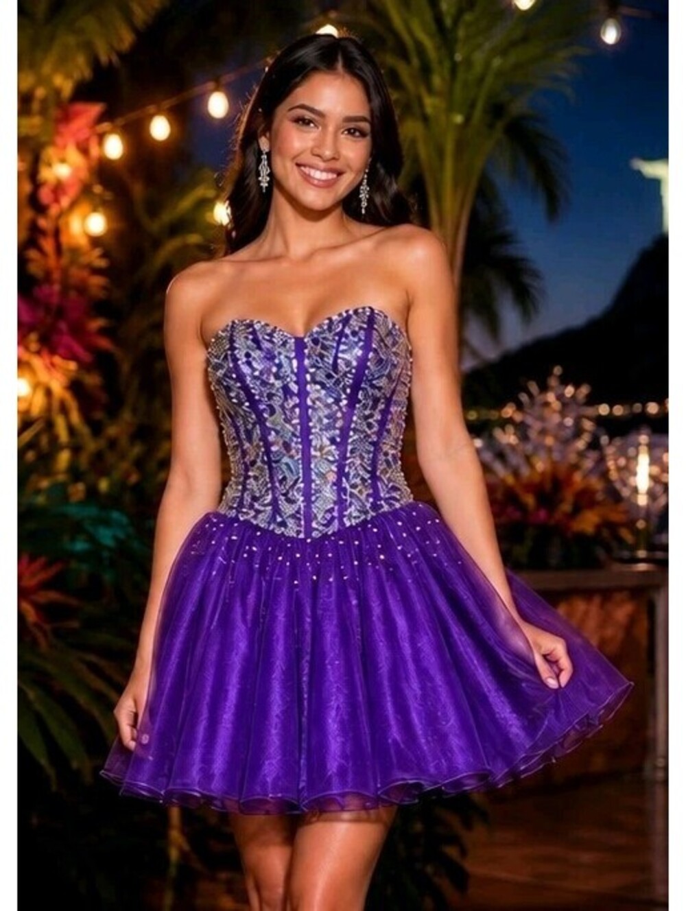Fairycore Royal PurpleRhinestone Corset Tulle Homecoming Dress Short 28W 4038